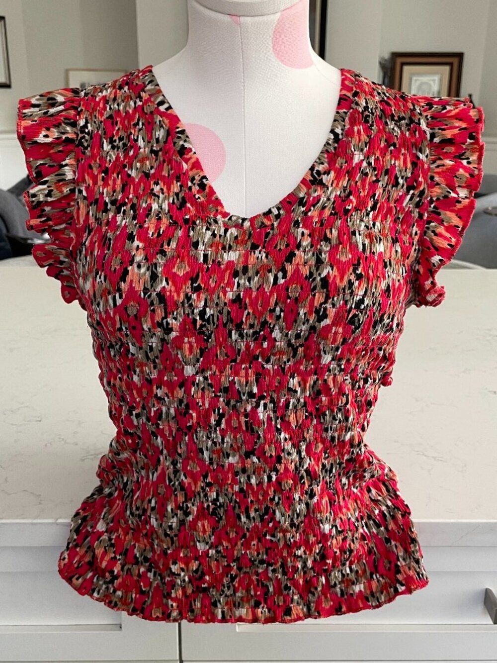 Garcia Flutter Cap Sleeve V Neck Abstract Smocked Top Red Wht Green Orange Sz S